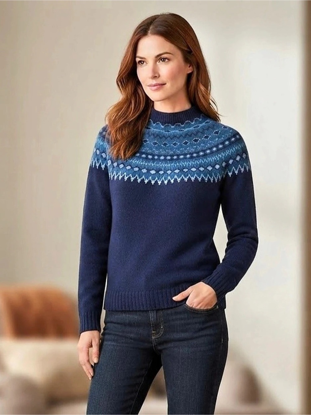 Vintage Eddie Bauer Blue Fair Isle 100% Lambswool Mock Neck Sweater Large